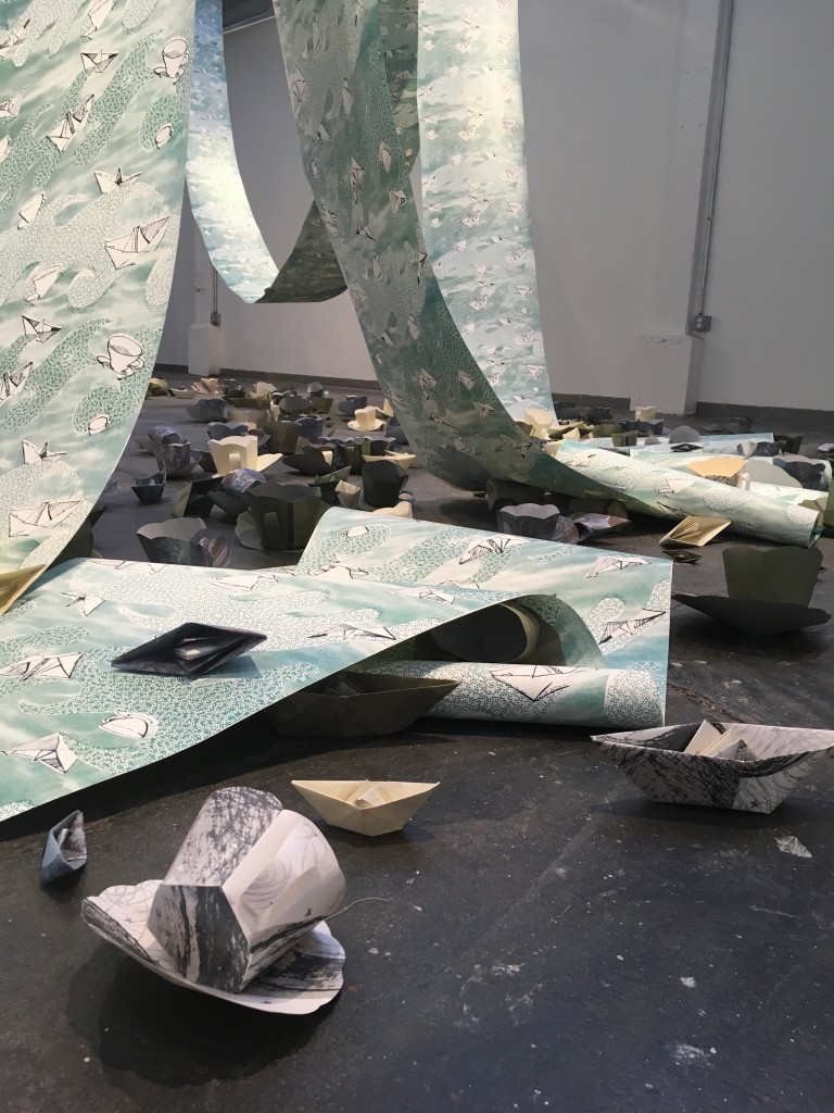 "You can't take it with you..." detail, 120’ 2-sided screen print, paper boats & paper teacups folded from screen printed wallpaper, final installation dimensions can vary to suit the space, 2018