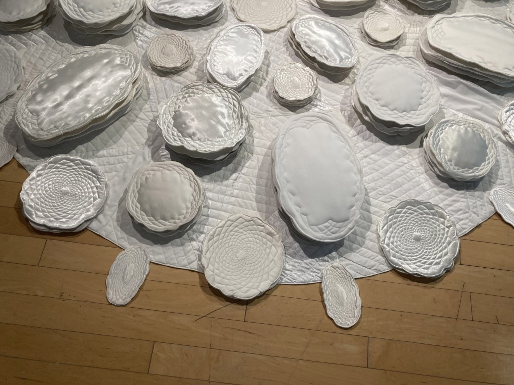 “An Absence of Sound”, screenprint & quilting on mixed fabrics, 96” x 96” x 10” tall, 2022