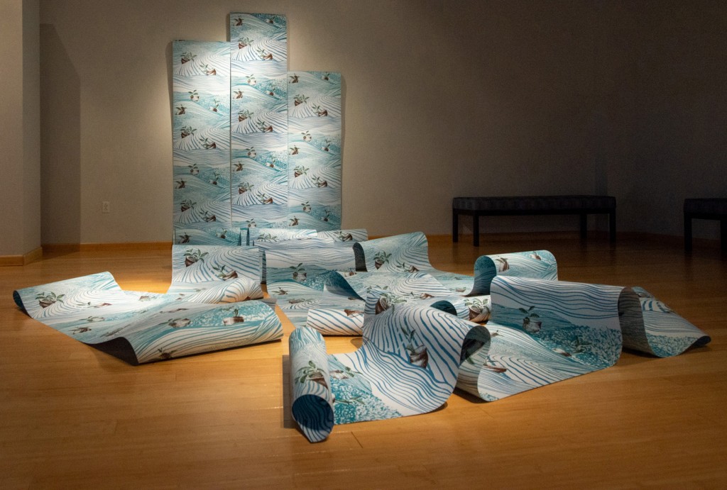 "Tea Tides”, three 24” w x 30’ long 2-sided screen prints, installation size varies (here: 8’h x 16’w x 10’d), 2020