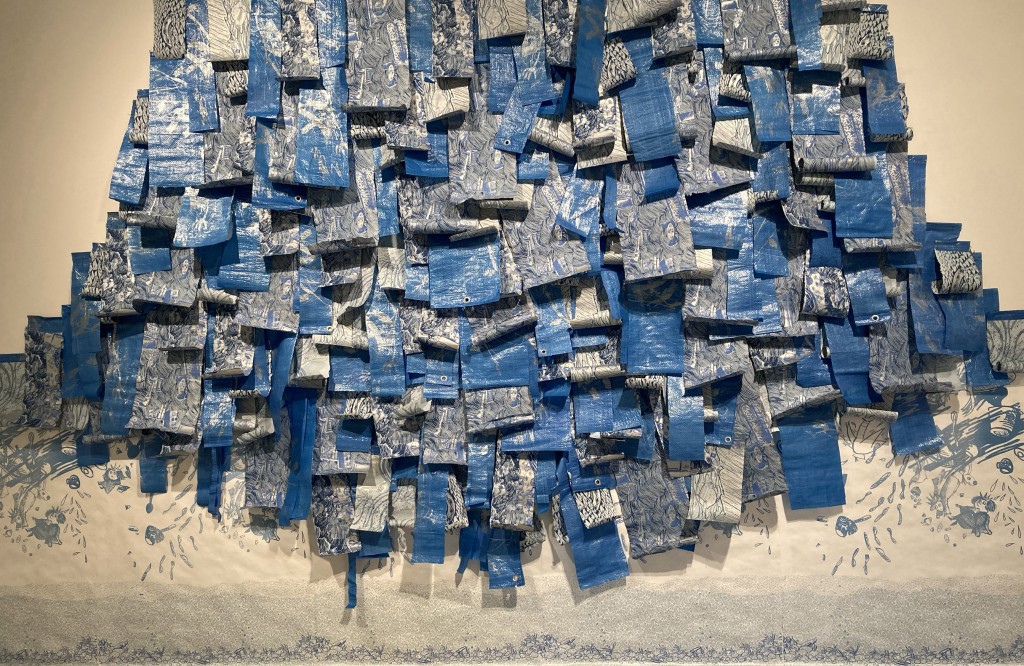 “Water, Water everywhere and not a drop to drink…", screen print on Tyvek, ribbon, 100+ double-sided screen prints on handmade cotton paper & blue tarp, 144” tall x 240”’ wide, 2021