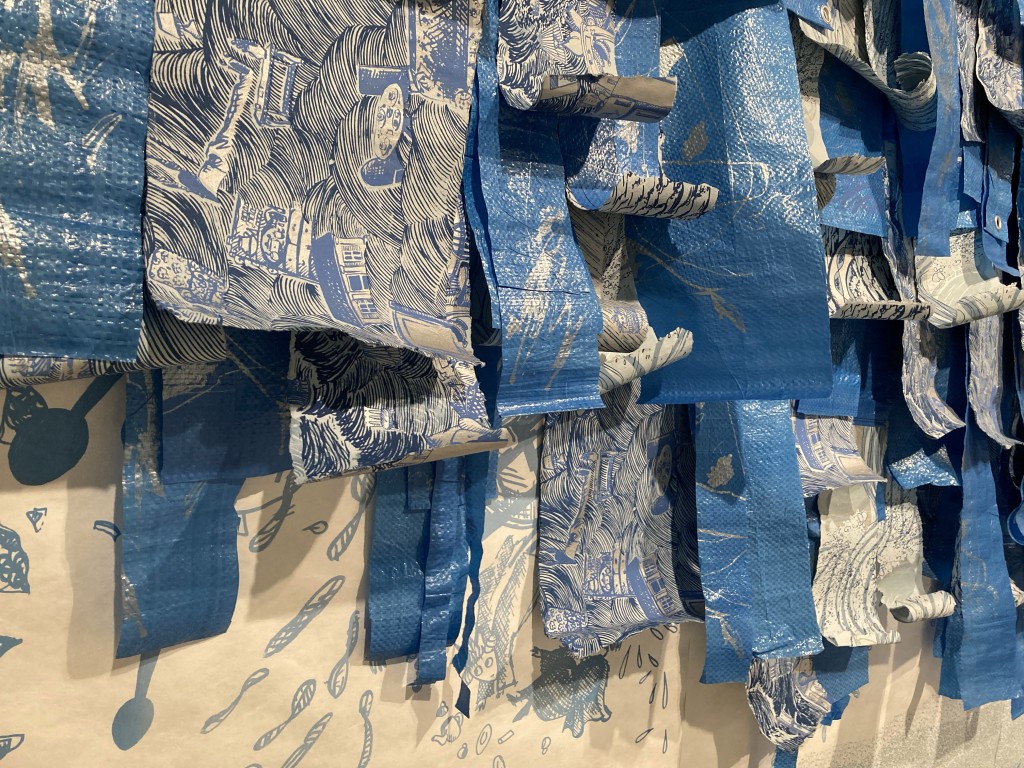 “Water, Water everywhere and not a drop to drink…", screen print on Tyvek, ribbon, 100+ double-sided screen prints on handmade cotton paper & blue tarp, 144” tall x 240”’ wide, 2021
