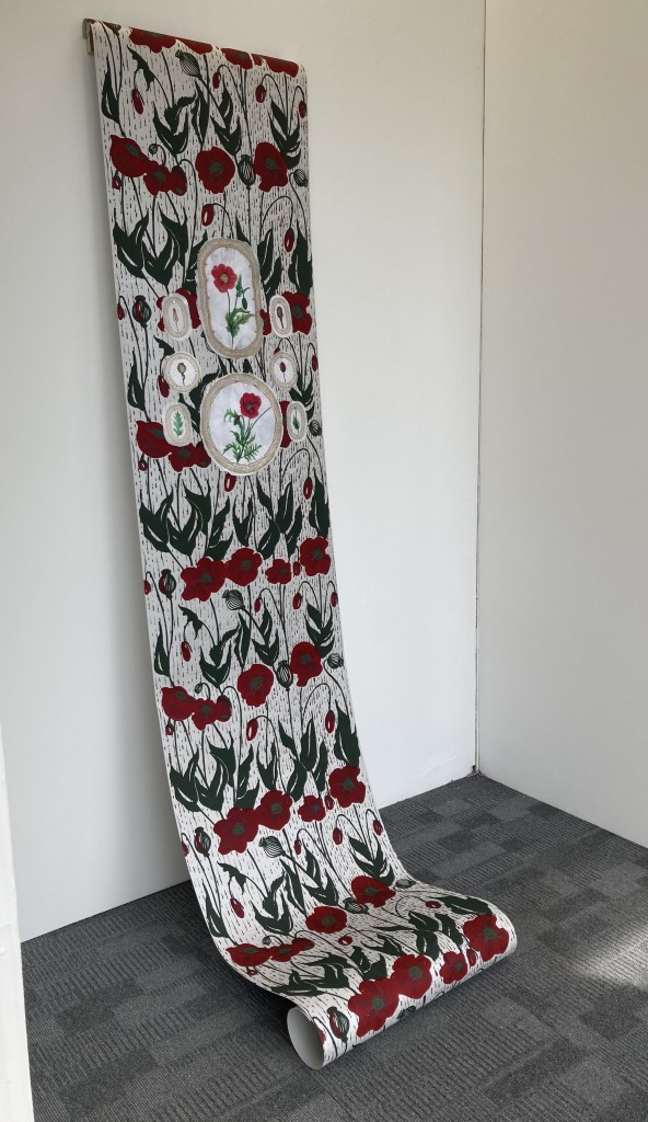 "Flourish: Poppy Expanse", screenprint on Stonehenge paper, screenprint, watercolor, & ink on linen handmade paper; 10' x 24”, 2022