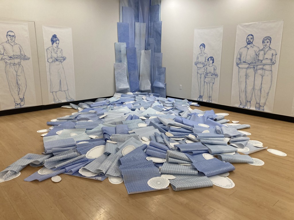 “(s)well”, 100+ screenprints on graph paper, lasercut screenprints, small quilts; 12’ tall x 10’ wide x 18' deep, 2023