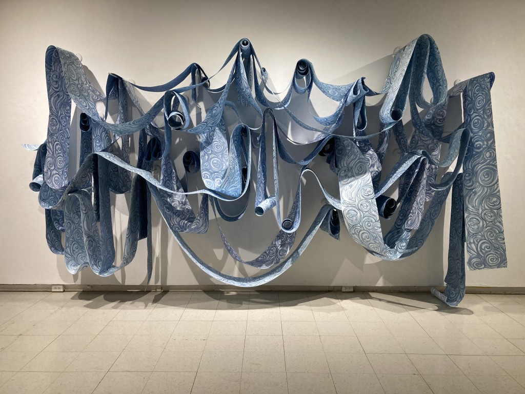 “The Waves”, screenprint on Tyvek, machine-made & handmade paper, wooden supports, 108" x 192" x 36"d, 2024