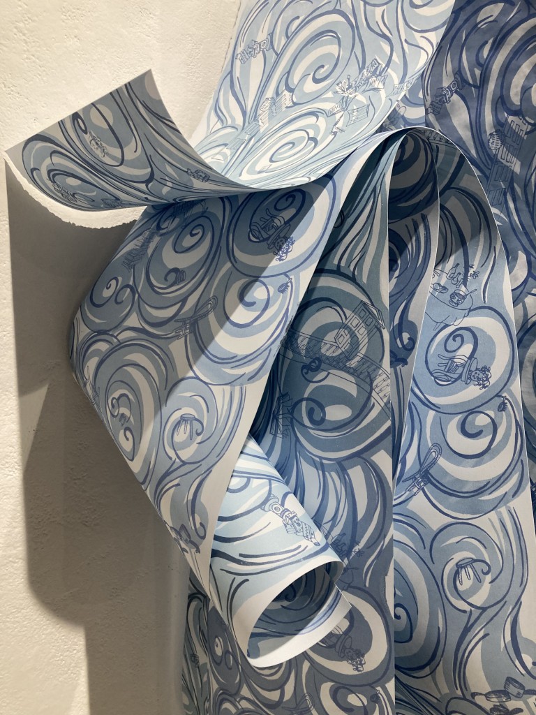 “The Waves”, screenprint on Tyvek, machine-made & handmade paper, wooden supports, 108" x 192" x 36"d, 2024